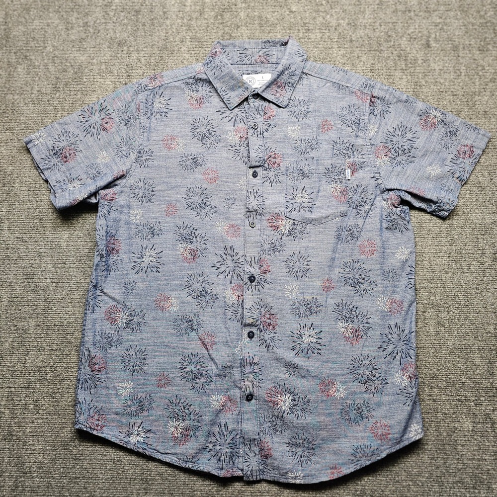Hurley Mens Large Blue Firework Print Short Sleeve Button Down Shirt 2764